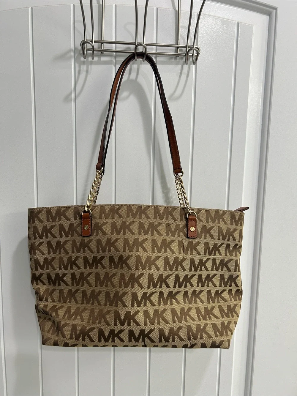 Michael Kors Tan and Brown MK Logo Chain-Handle Tote